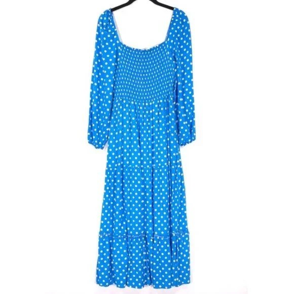 Anthropologie DOLAN Smocked Midi Dress LARGE Blue Polka Dot Rayon Women's Anthropologie DOLAN Smocked Midi Dress LARGE Blue Polka Dot Rayon Women's